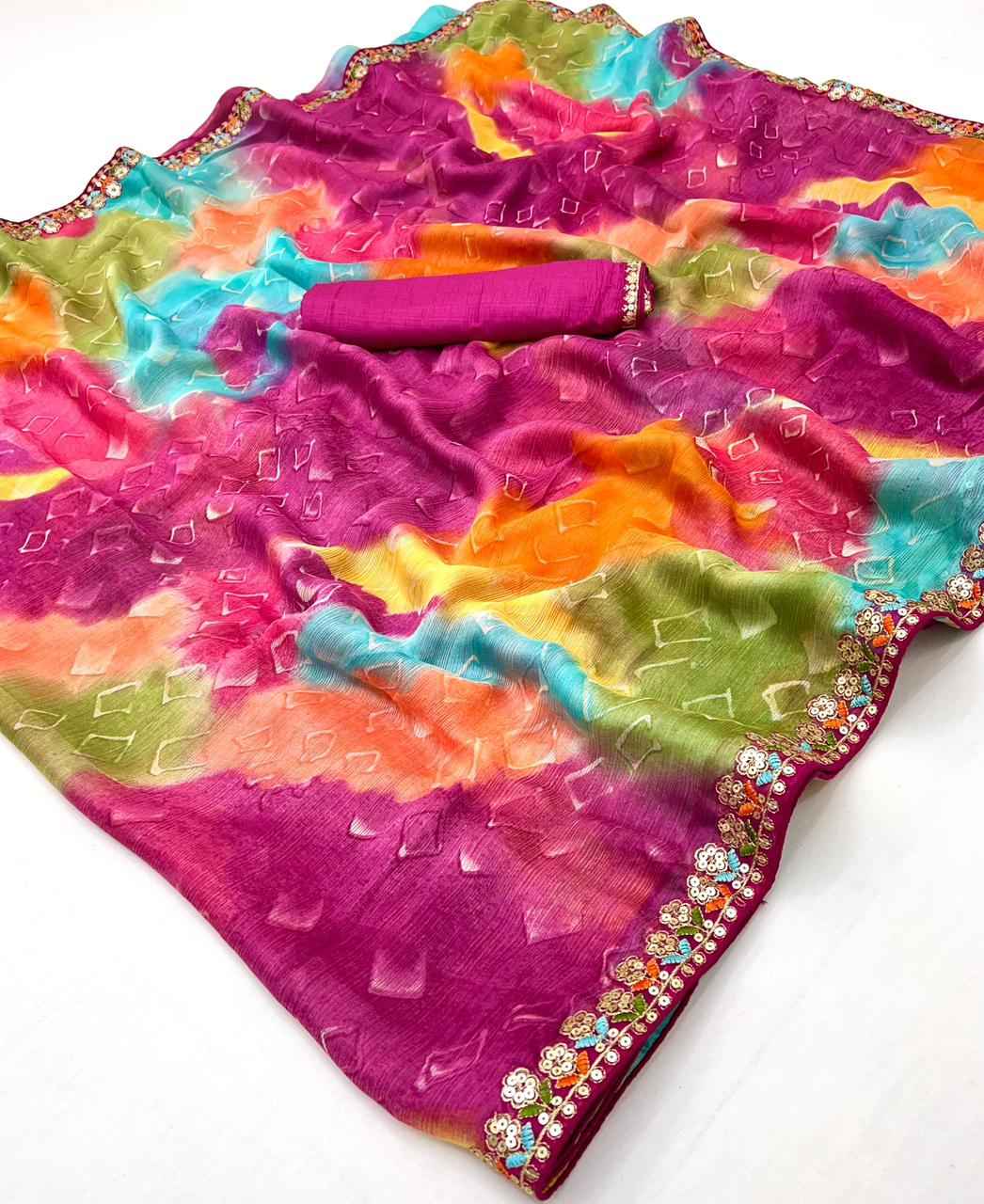 LAHERIYA AND BANDHEJ PRINT CHIFFON SEQUENCE SAREE AT WHOLESALE PRICE