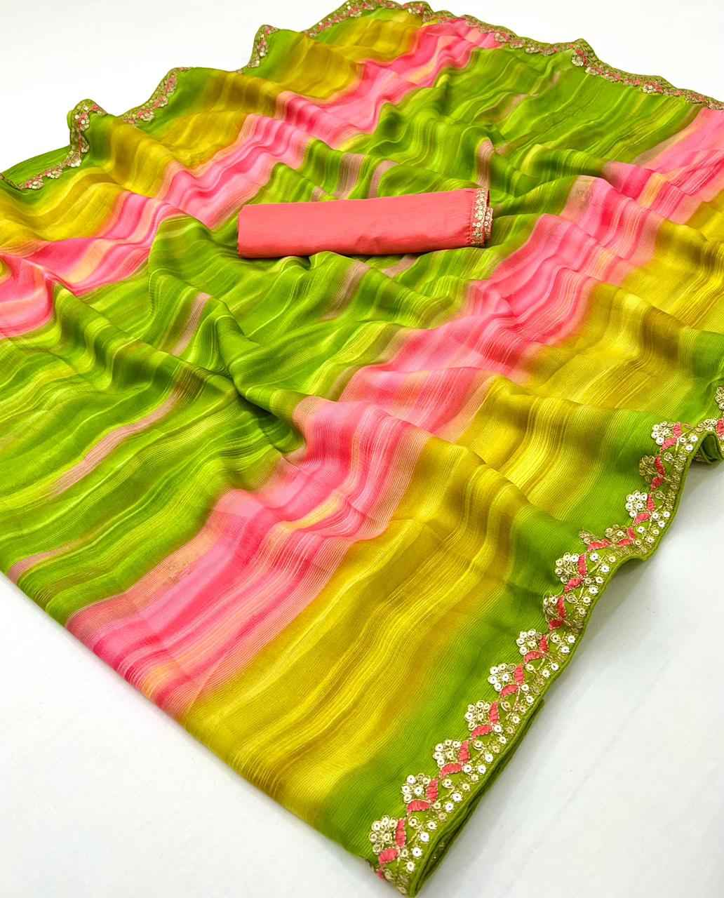LAHERIYA AND BANDHEJ PRINT CHIFFON SEQUENCE SAREE AT WHOLESALE PRICE