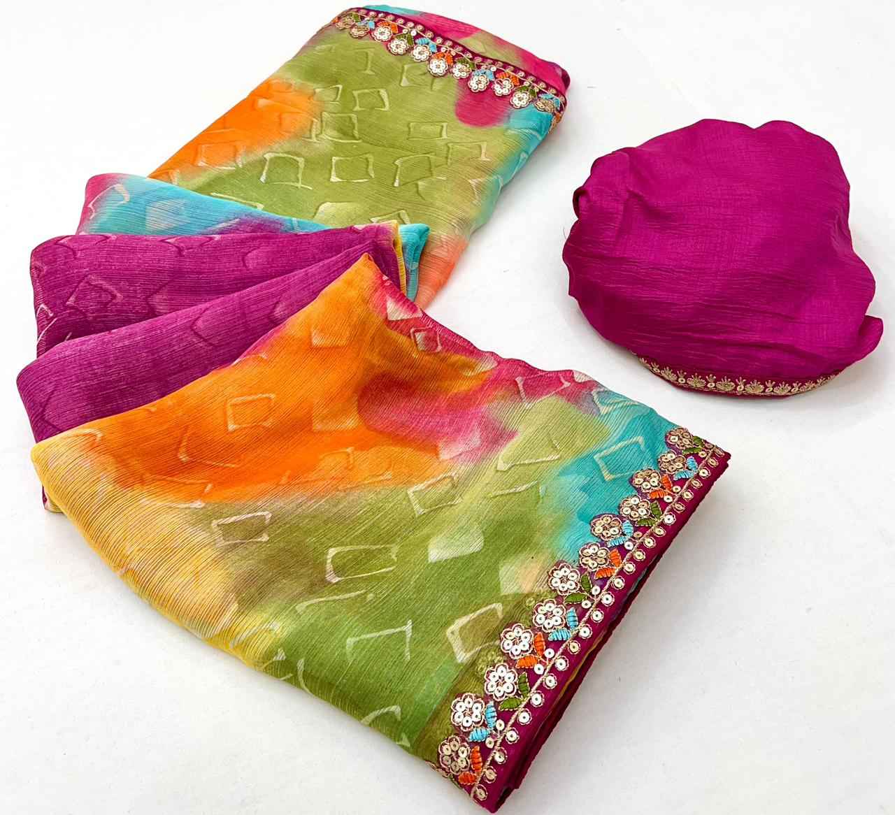 LAHERIYA AND BANDHEJ PRINT CHIFFON SEQUENCE SAREE AT WHOLESALE PRICE