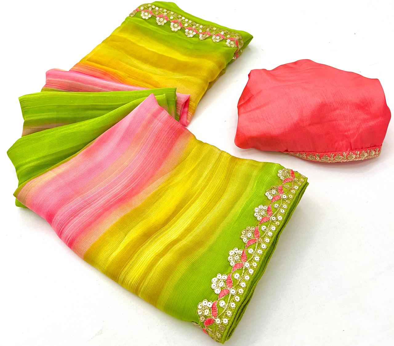 LAHERIYA AND BANDHEJ PRINT CHIFFON SEQUENCE SAREE AT WHOLESALE PRICE