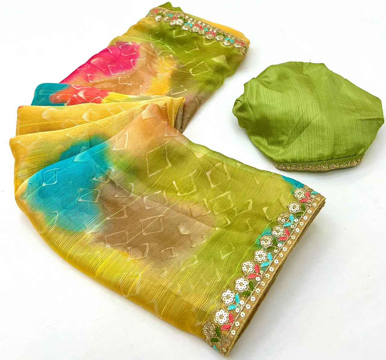 LAHERIYA AND BANDHEJ PRINT CHIFFON SEQUENCE SAREE AT WHOLESALE PRICE