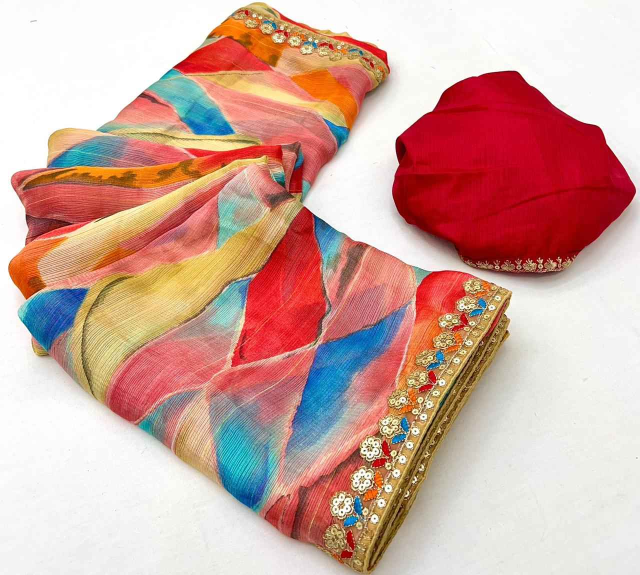 LAHERIYA AND BANDHEJ PRINT CHIFFON SEQUENCE SAREE AT WHOLESALE PRICE