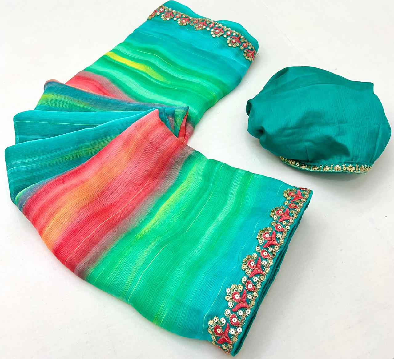 LAHERIYA AND BANDHEJ PRINT CHIFFON SEQUENCE SAREE AT WHOLESALE PRICE