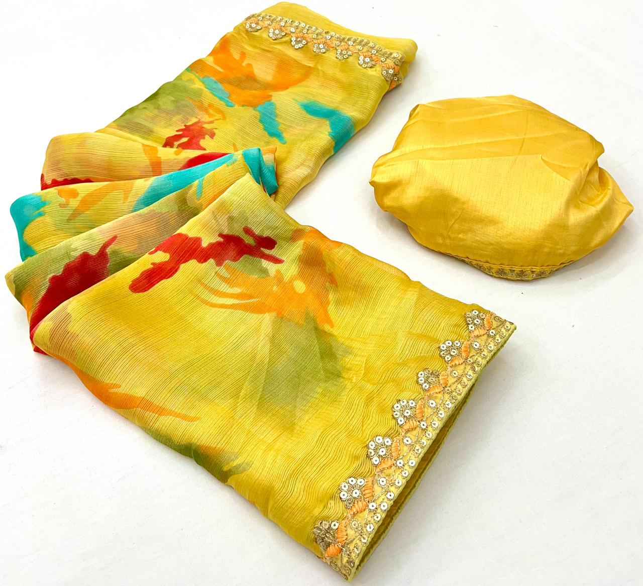 LAHERIYA AND BANDHEJ PRINT CHIFFON SEQUENCE SAREE AT WHOLESALE PRICE