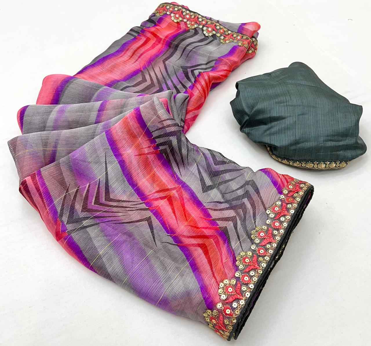 LAHERIYA AND BANDHEJ PRINT CHIFFON SEQUENCE SAREE AT WHOLESALE PRICE