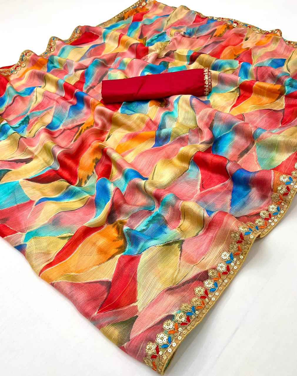 LAHERIYA AND BANDHEJ PRINT CHIFFON SEQUENCE SAREE AT WHOLESALE PRICE