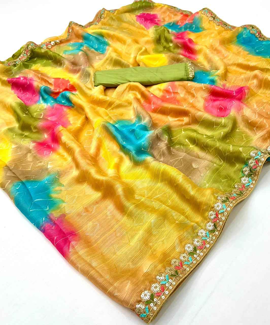 LAHERIYA AND BANDHEJ PRINT CHIFFON SEQUENCE SAREE AT WHOLESALE PRICE