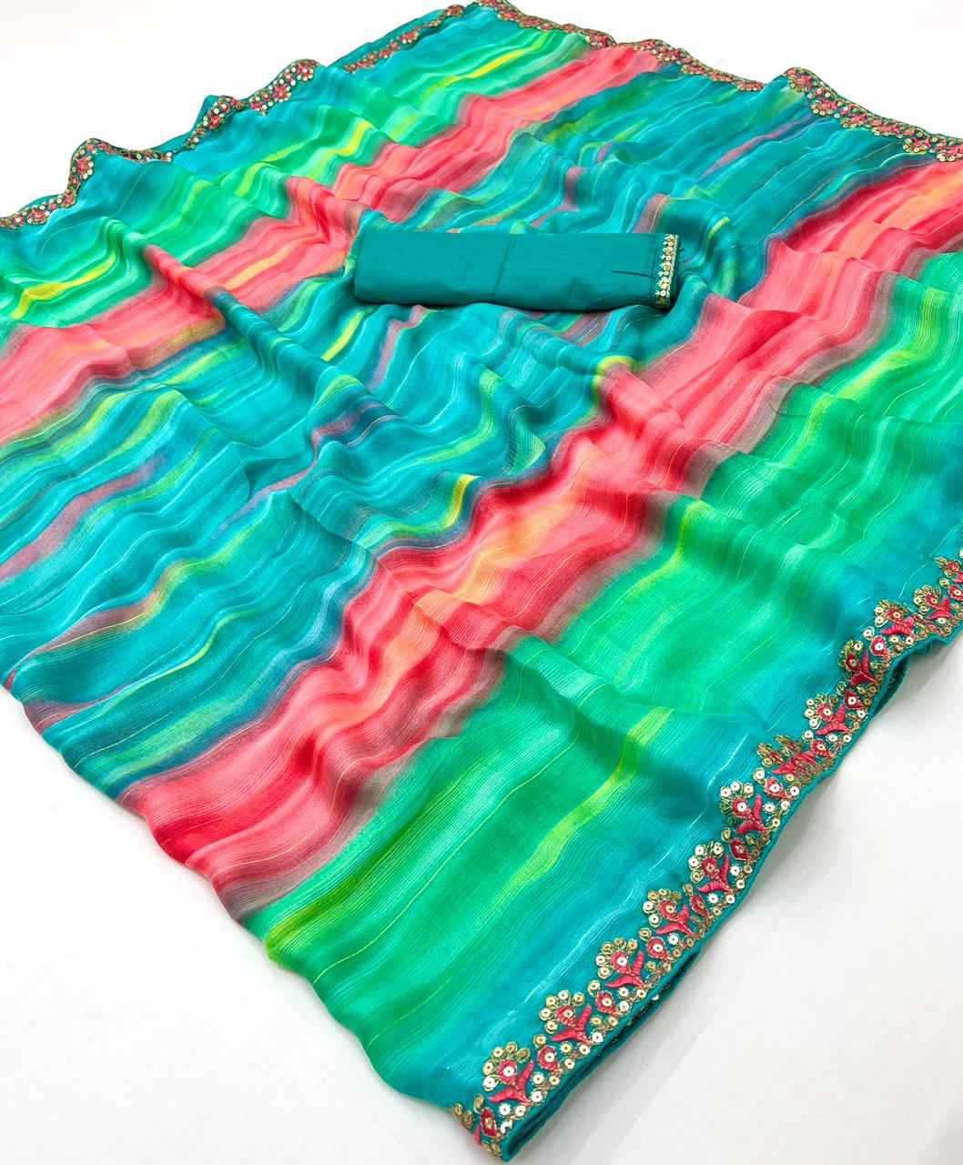 LAHERIYA AND BANDHEJ PRINT CHIFFON SEQUENCE SAREE AT WHOLESALE PRICE