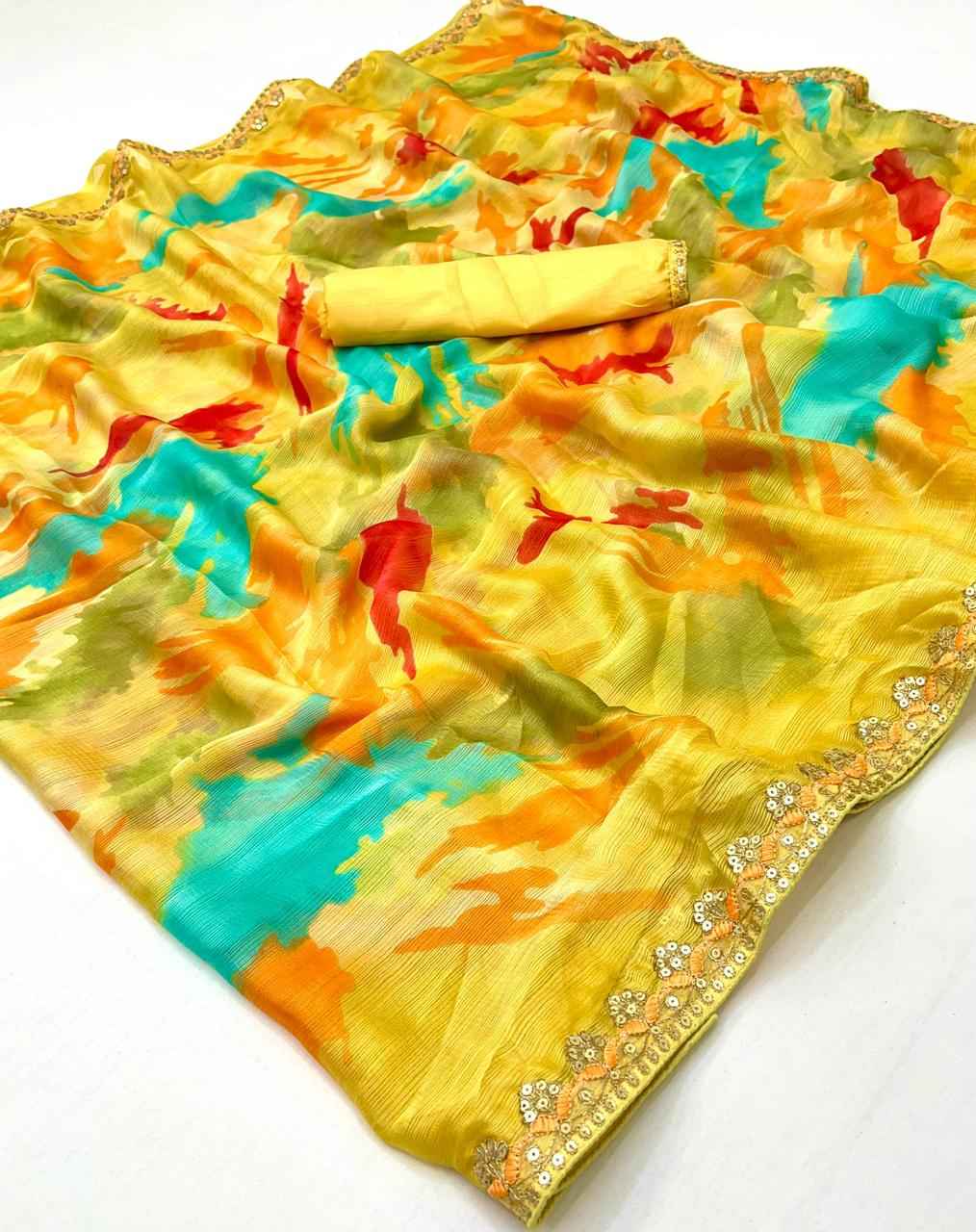 LAHERIYA AND BANDHEJ PRINT CHIFFON SEQUENCE SAREE AT WHOLESALE PRICE