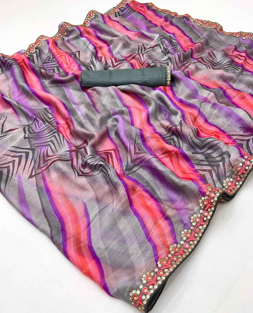LAHERIYA AND BANDHEJ PRINT CHIFFON SEQUENCE SAREE AT WHOLESALE PRICE