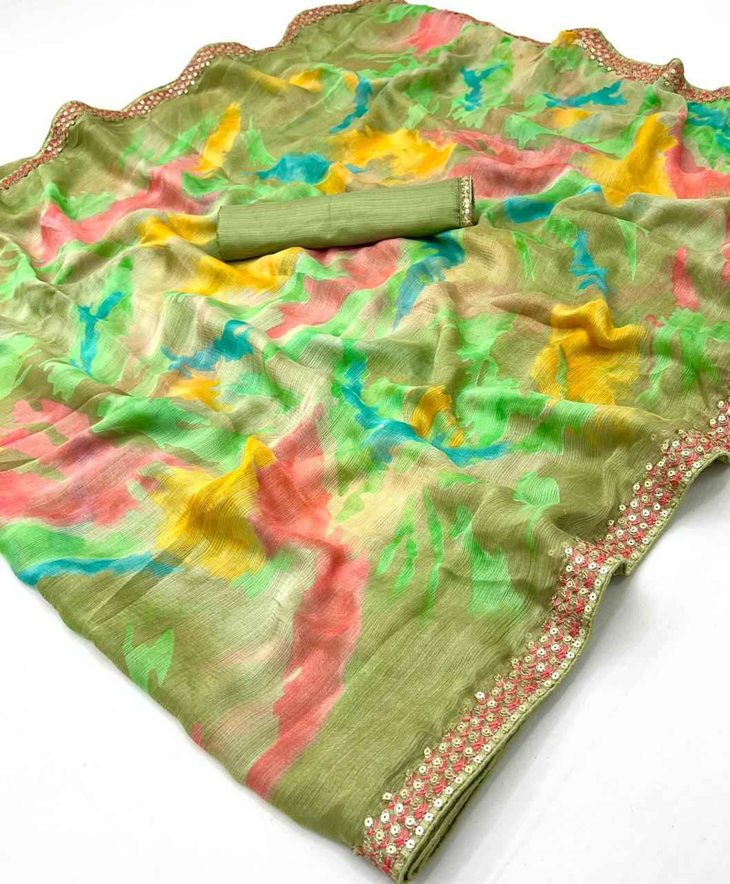 LAHERIYA AND BANDHEJ PRINT CHIFFON SEQUENCE SAREE AT WHOLESALE PRICE
