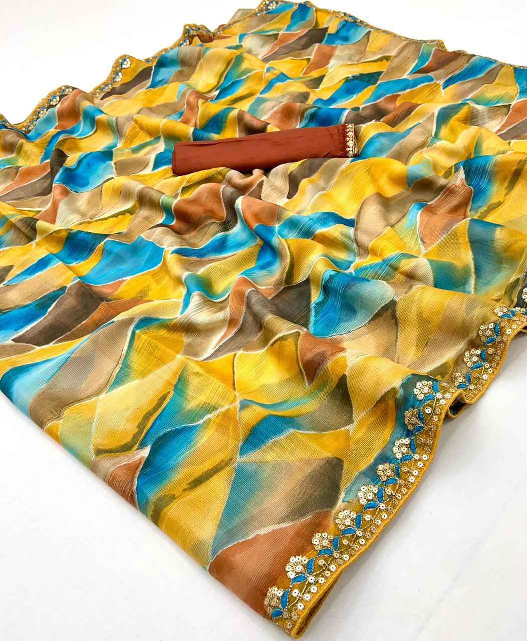 LAHERIYA AND BANDHEJ PRINT CHIFFON SEQUENCE SAREE AT WHOLESALE PRICE