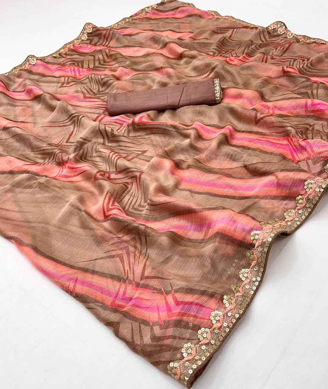 LAHERIYA AND BANDHEJ PRINT CHIFFON SEQUENCE SAREE AT WHOLESALE PRICE