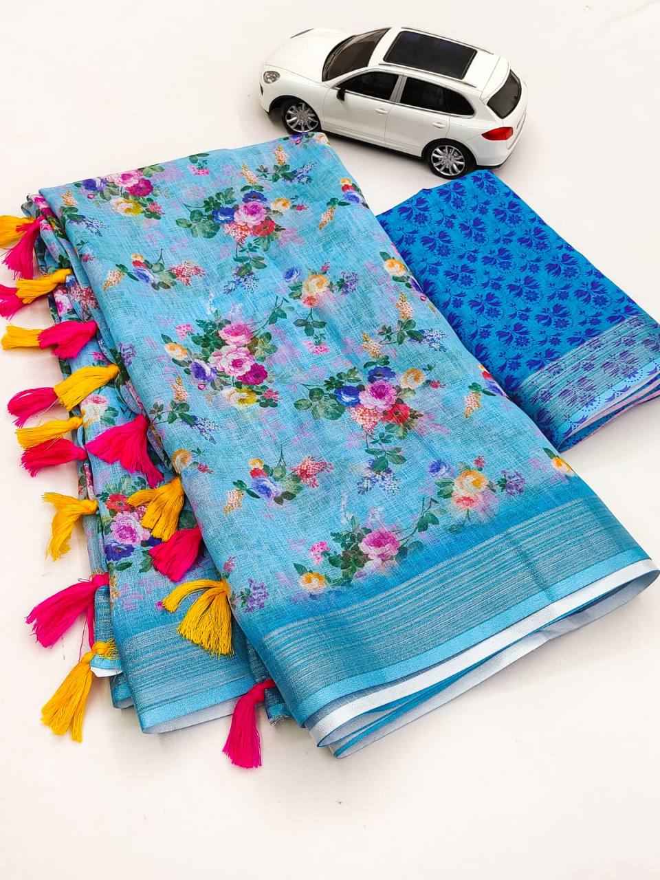 LINEN DIGITAL PRINTED WITH GOLD JARI PATTA SAREE AT WHOLESALE PRICE