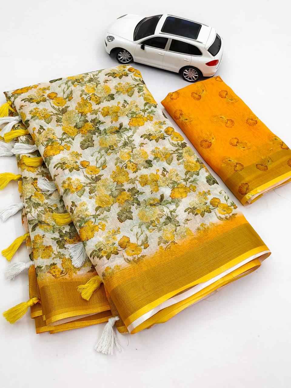 LINEN DIGITAL PRINTED WITH GOLD JARI PATTA SAREE AT WHOLESALE PRICE