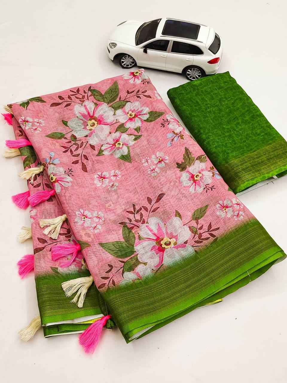 LINEN DIGITAL PRINTED WITH GOLD JARI PATTA SAREE AT WHOLESALE PRICE
