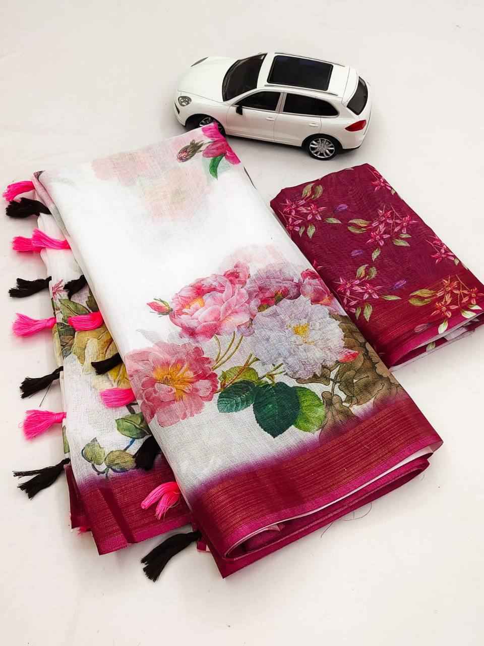 LINEN DIGITAL PRINTED WITH GOLD JARI PATTA SAREE AT WHOLESALE PRICE