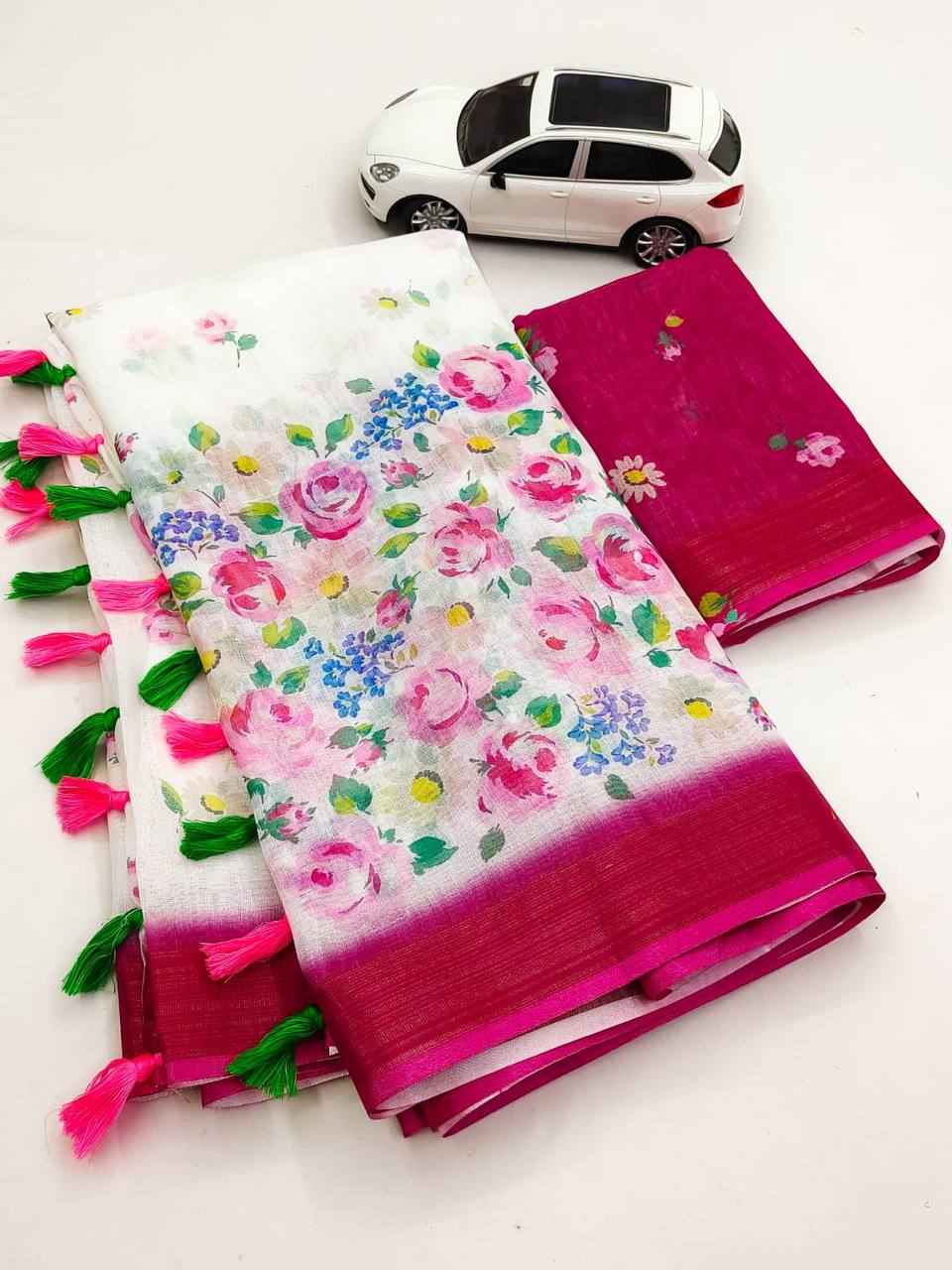 LINEN DIGITAL PRINTED WITH GOLD JARI PATTA SAREE AT WHOLESALE PRICE