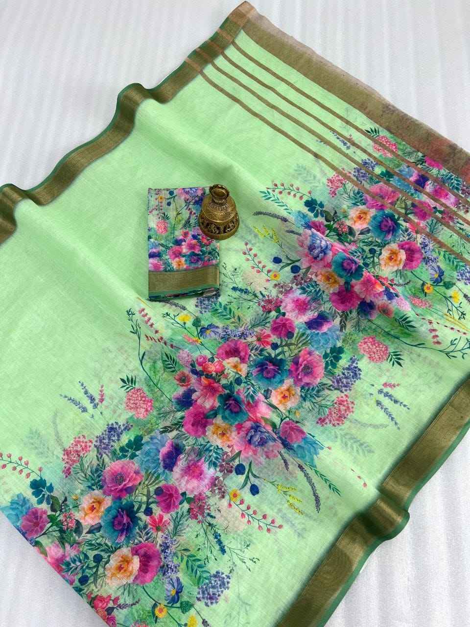 LINEN WITH GOLD JARI BORDER DIGITAL PRINTED SAREE AT WHOLESALE PRICE