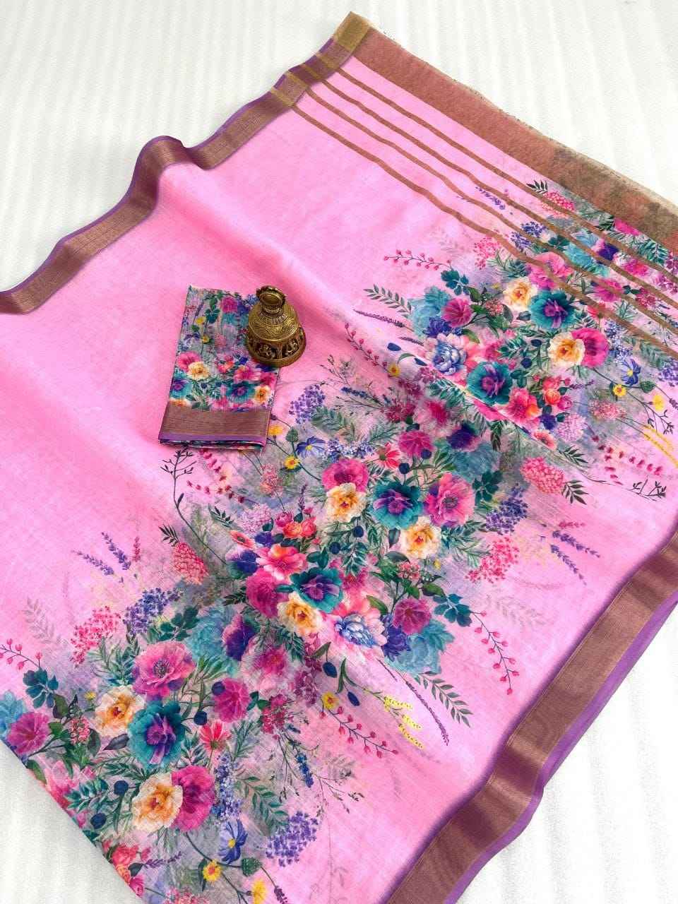 LINEN WITH GOLD JARI BORDER DIGITAL PRINTED SAREE AT WHOLESALE PRICE
