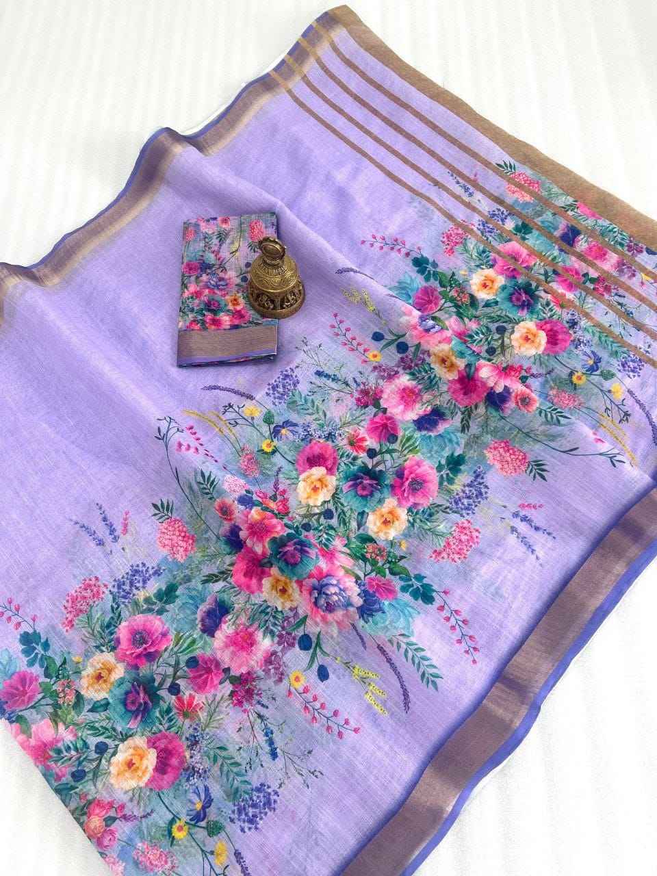 LINEN WITH GOLD JARI BORDER DIGITAL PRINTED SAREE AT WHOLESALE PRICE