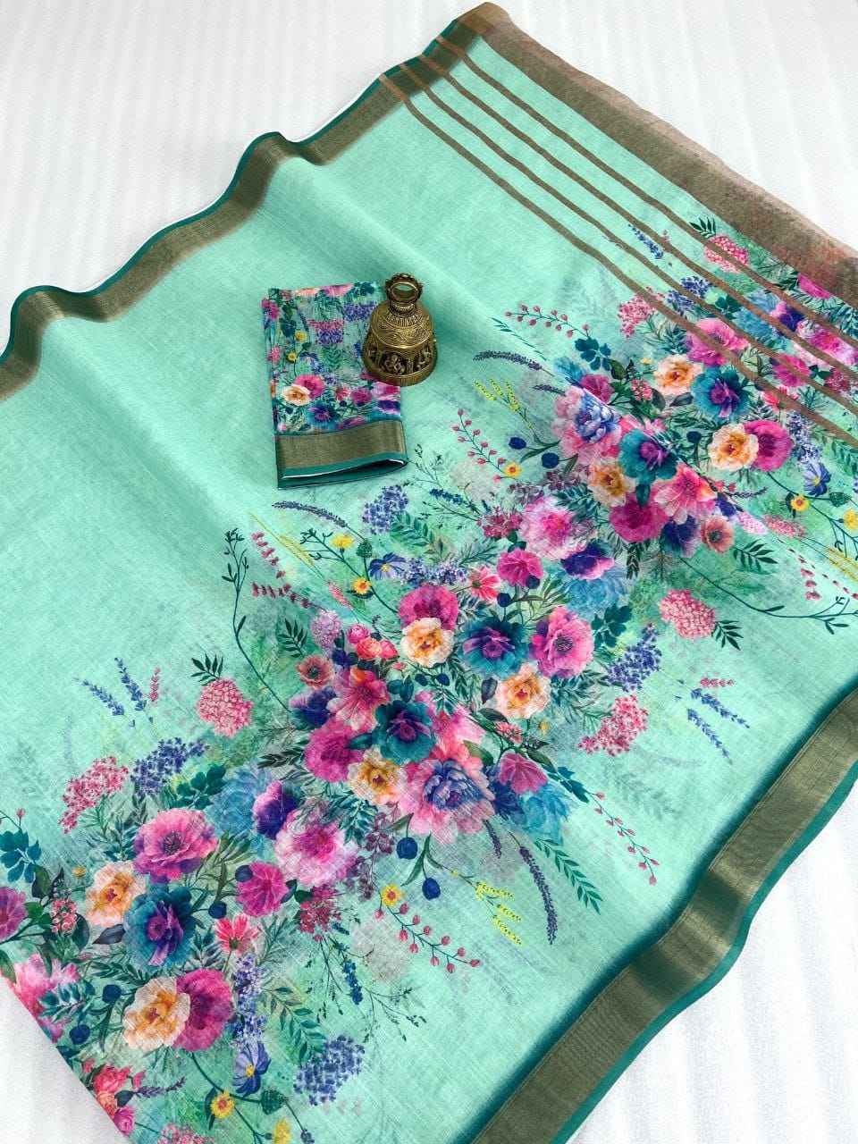 LINEN WITH GOLD JARI BORDER DIGITAL PRINTED SAREE AT WHOLESALE PRICE
