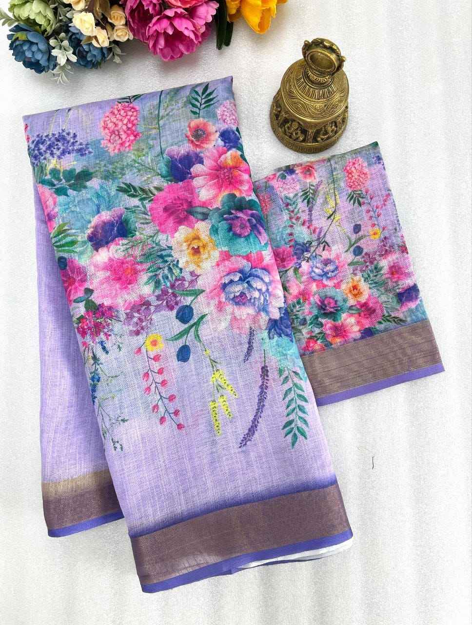 LINEN WITH GOLD JARI BORDER DIGITAL PRINTED SAREE AT WHOLESALE PRICE