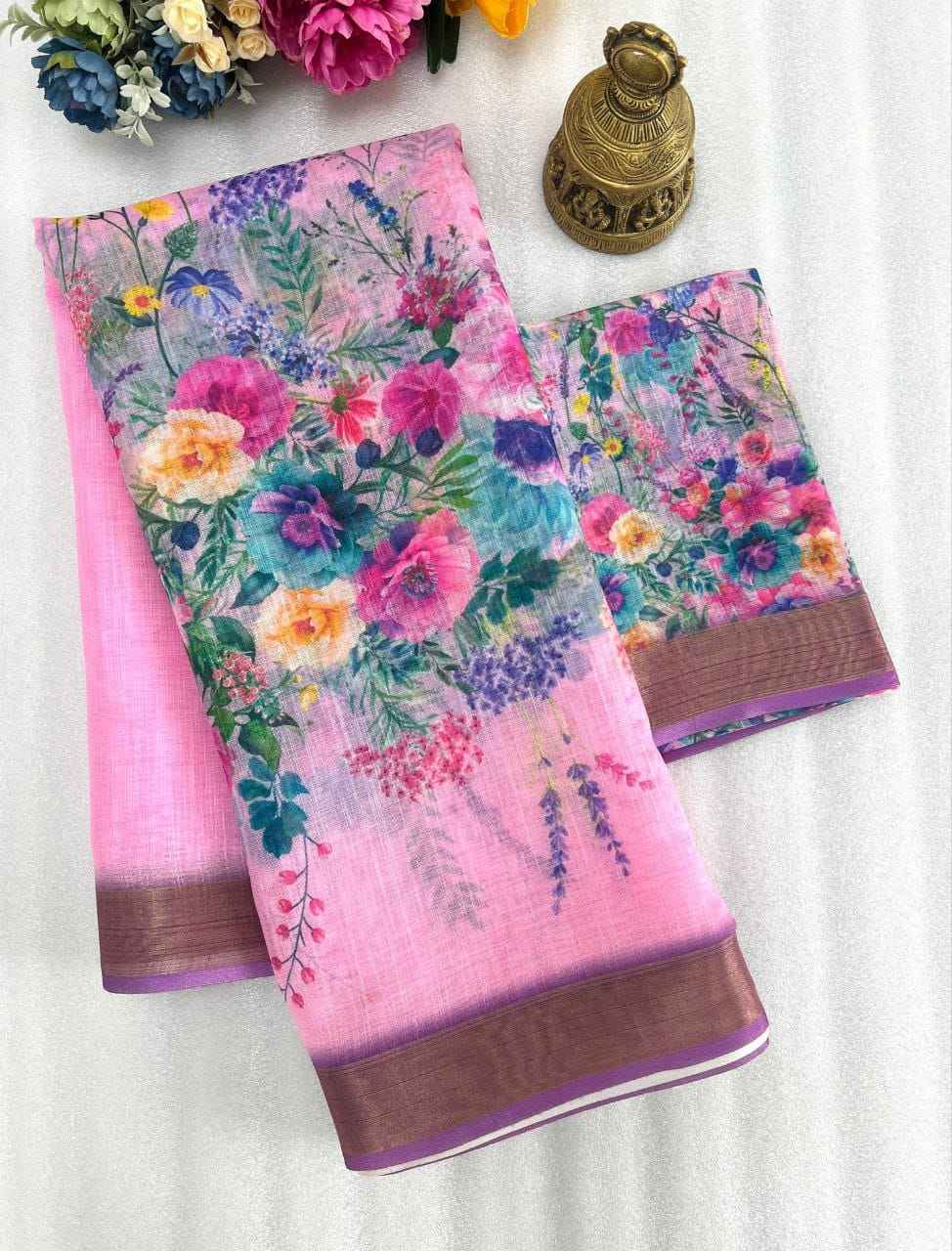 LINEN WITH GOLD JARI BORDER DIGITAL PRINTED SAREE AT WHOLESALE PRICE