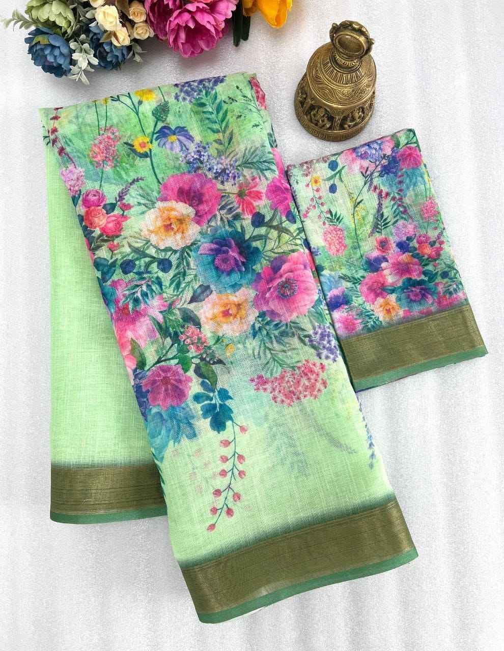 LINEN WITH GOLD JARI BORDER DIGITAL PRINTED SAREE AT WHOLESALE PRICE