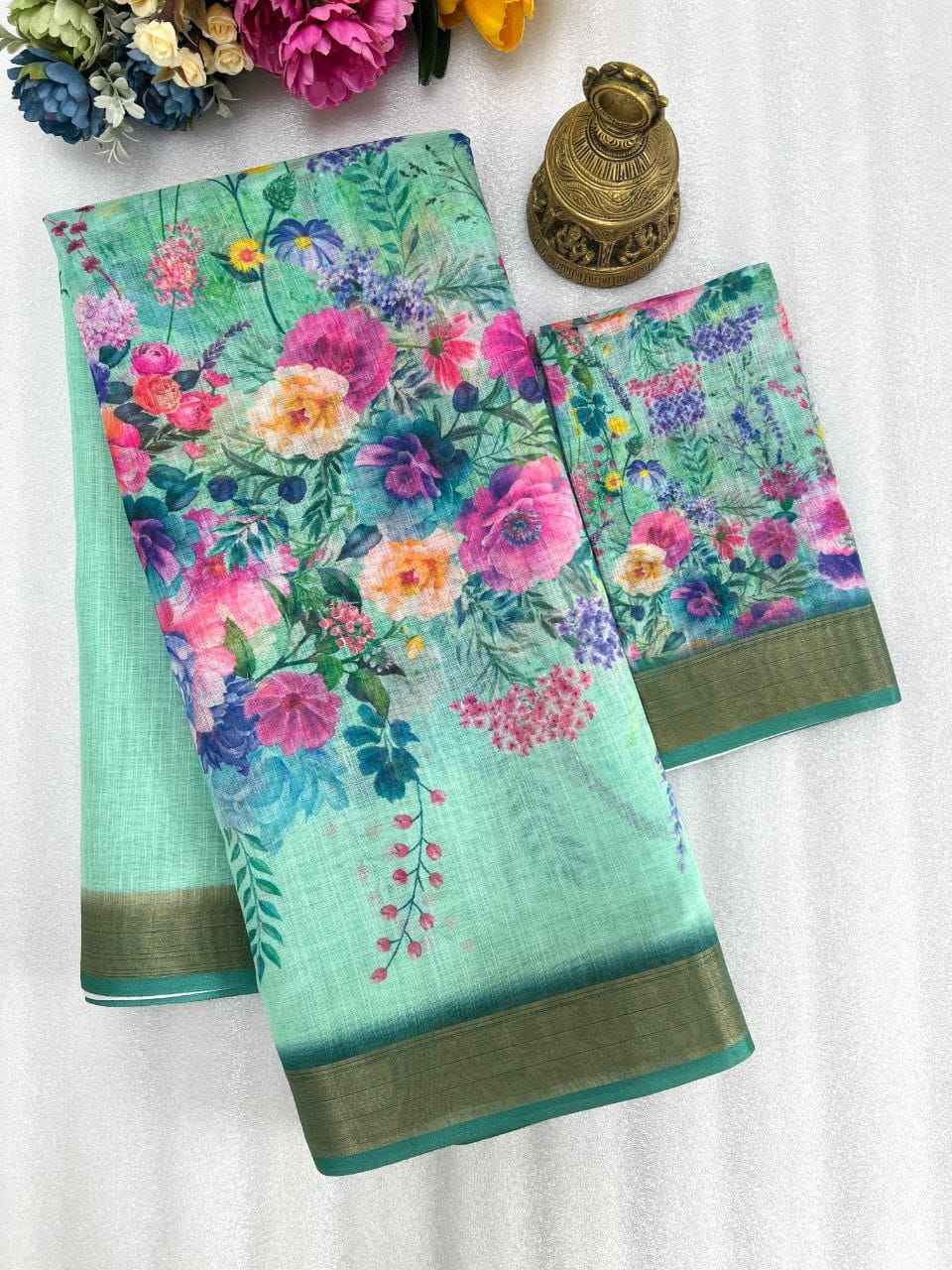 LINEN WITH GOLD JARI BORDER DIGITAL PRINTED SAREE AT WHOLESALE PRICE