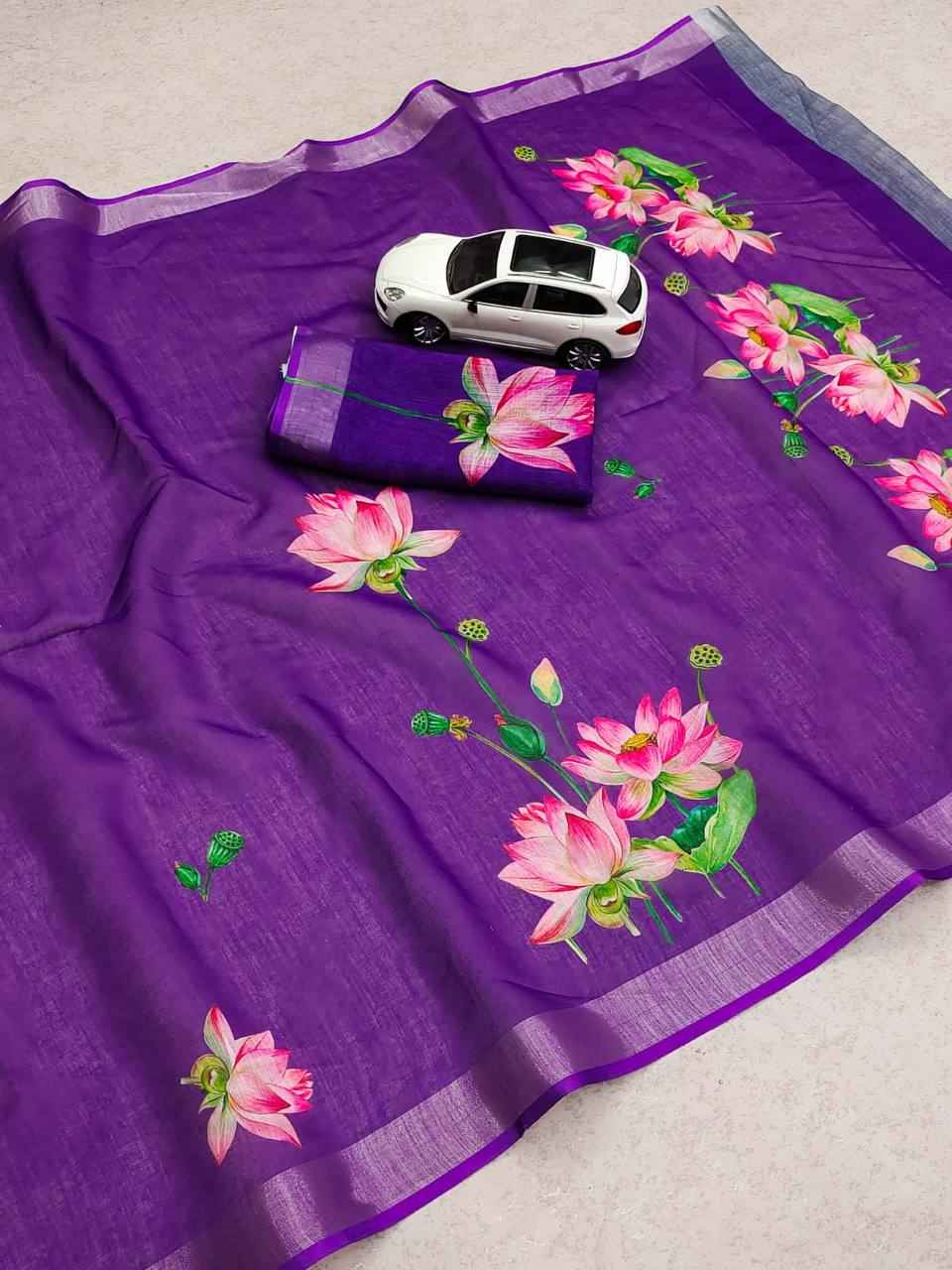 LINEN WITH SILVER JARI PATTA DIGITAL PRINTED SAREE AT WHOLESALE PRICE