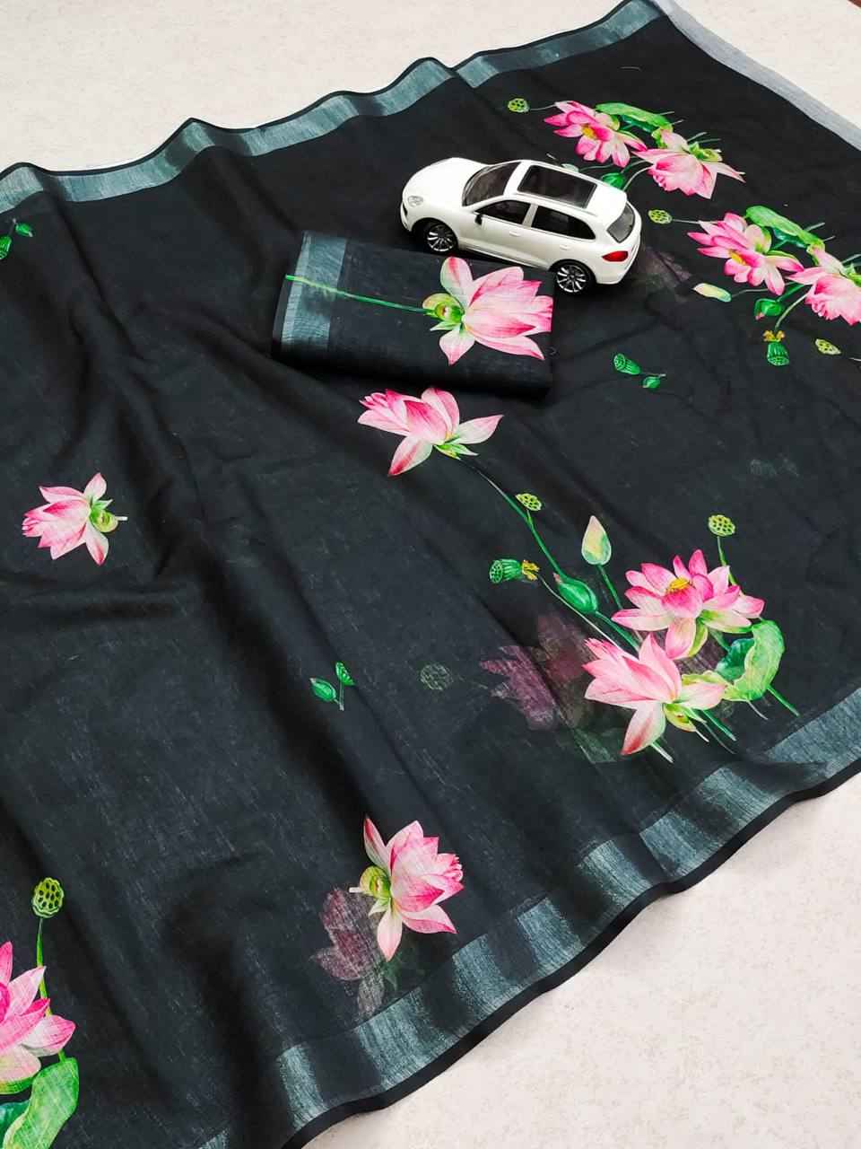 LINEN WITH SILVER JARI PATTA DIGITAL PRINTED SAREE AT WHOLESALE PRICE