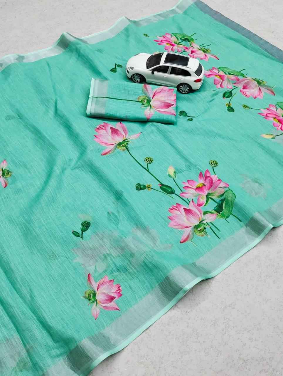 LINEN WITH SILVER JARI PATTA DIGITAL PRINTED SAREE AT WHOLESALE PRICE