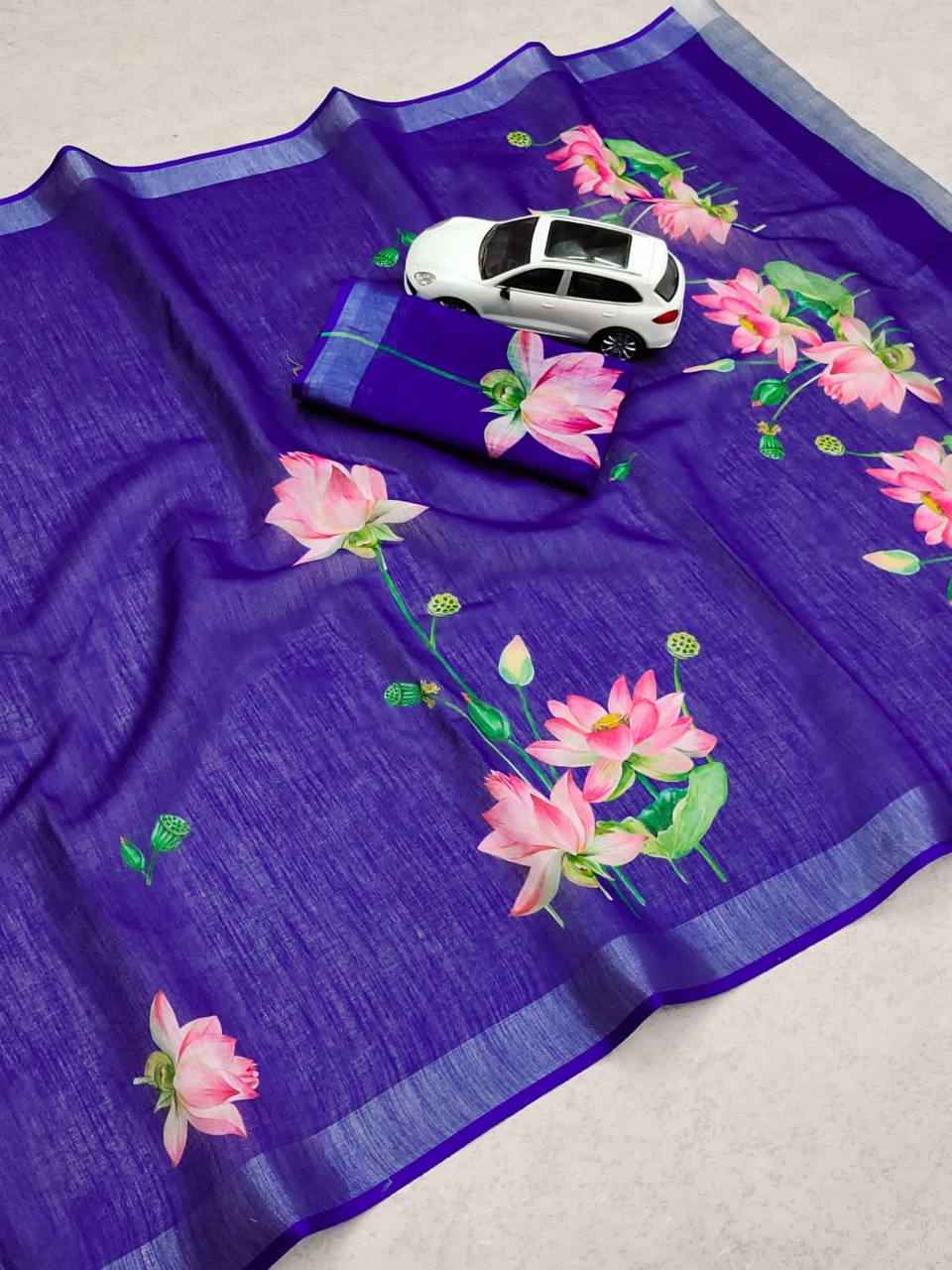 LINEN WITH SILVER JARI PATTA DIGITAL PRINTED SAREE AT WHOLESALE PRICE