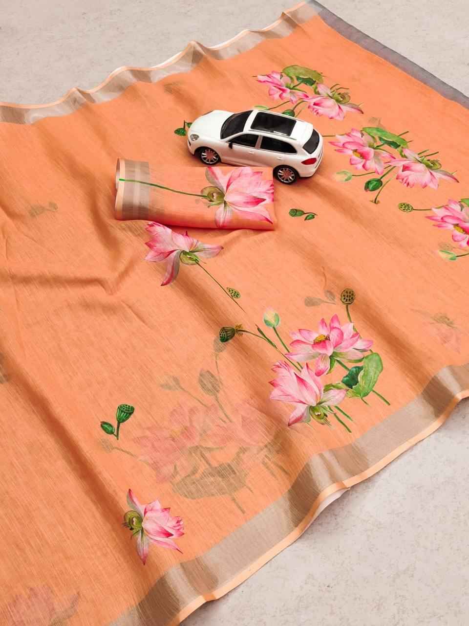 LINEN WITH SILVER JARI PATTA DIGITAL PRINTED SAREE AT WHOLESALE PRICE