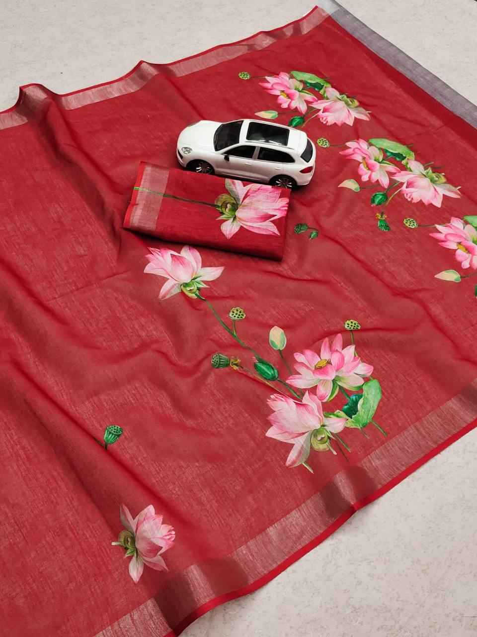 LINEN WITH SILVER JARI PATTA DIGITAL PRINTED SAREE AT WHOLESALE PRICE