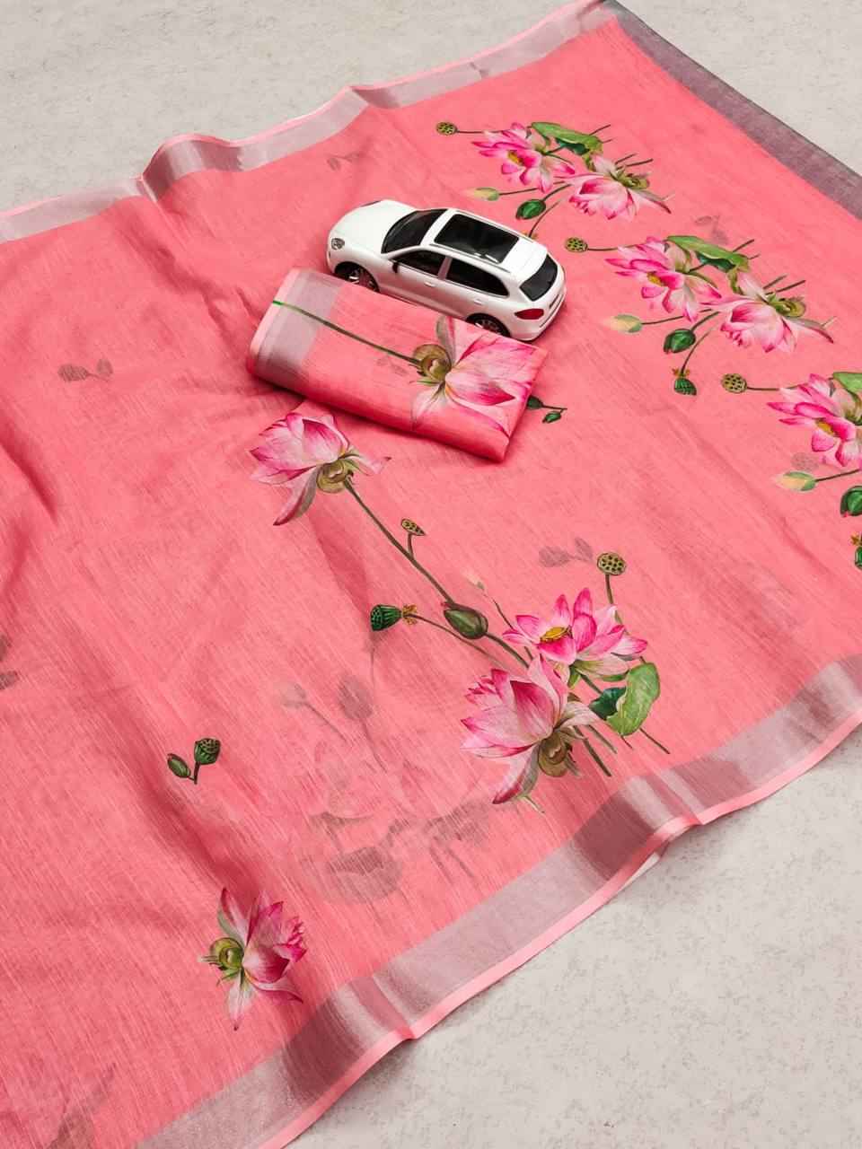 LINEN WITH SILVER JARI PATTA DIGITAL PRINTED SAREE AT WHOLESALE PRICE
