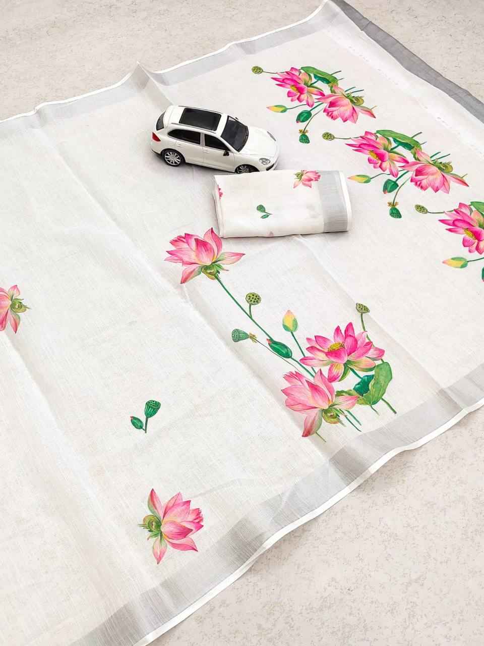 LINEN WITH SILVER JARI PATTA DIGITAL PRINTED SAREE AT WHOLESALE PRICE