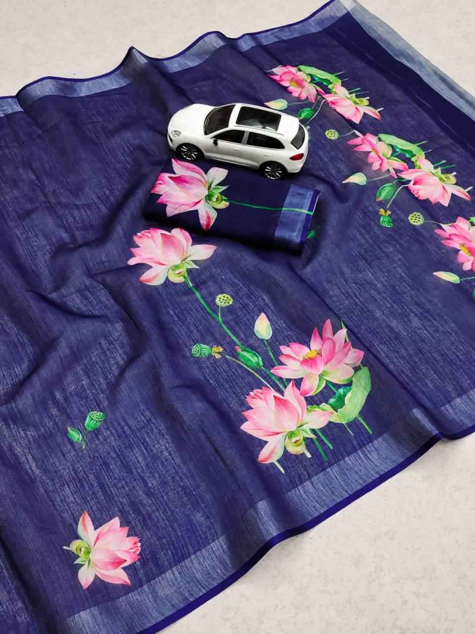 LINEN WITH SILVER JARI PATTA DIGITAL PRINTED SAREE AT WHOLESALE PRICE