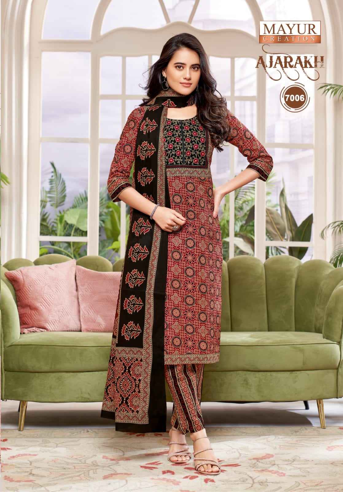 MAYUR AJARAKH VOL-7 PURE COTTON PRINTED WITH NECK EMBROIDERY KURTI PANT WITH DUPATTA AT WHOLESALE PRICE 