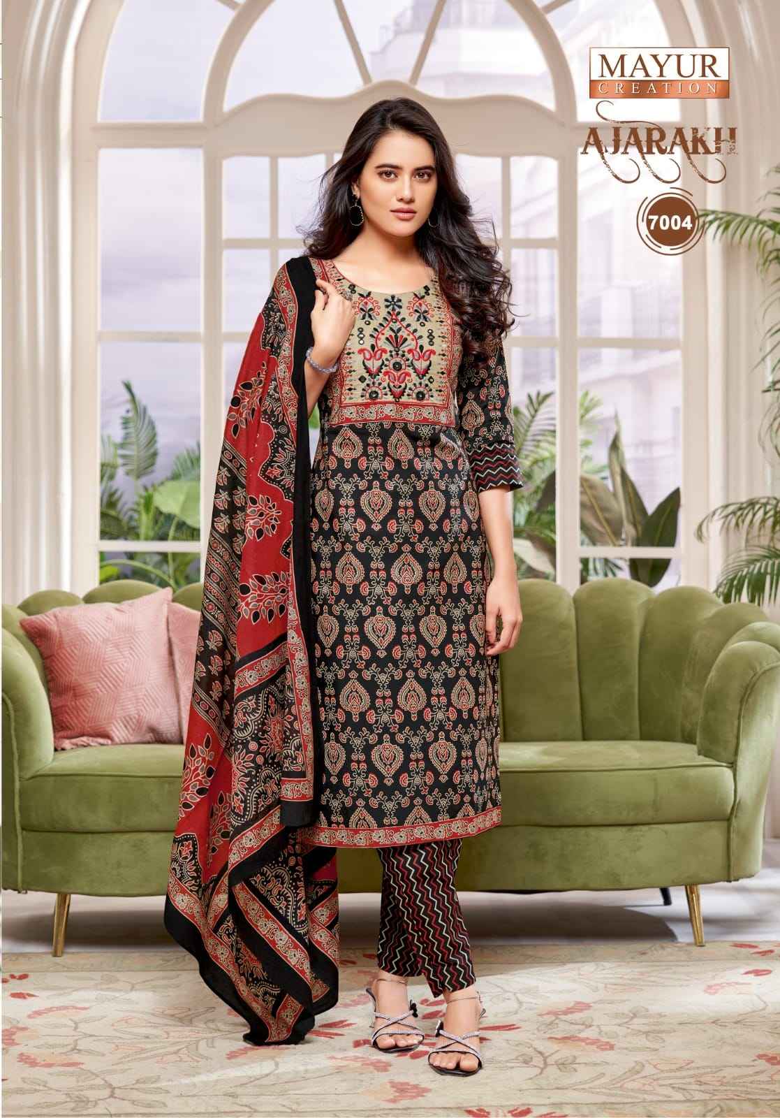 MAYUR AJARAKH VOL-7 PURE COTTON PRINTED WITH NECK EMBROIDERY KURTI PANT WITH DUPATTA AT WHOLESALE PRICE 
