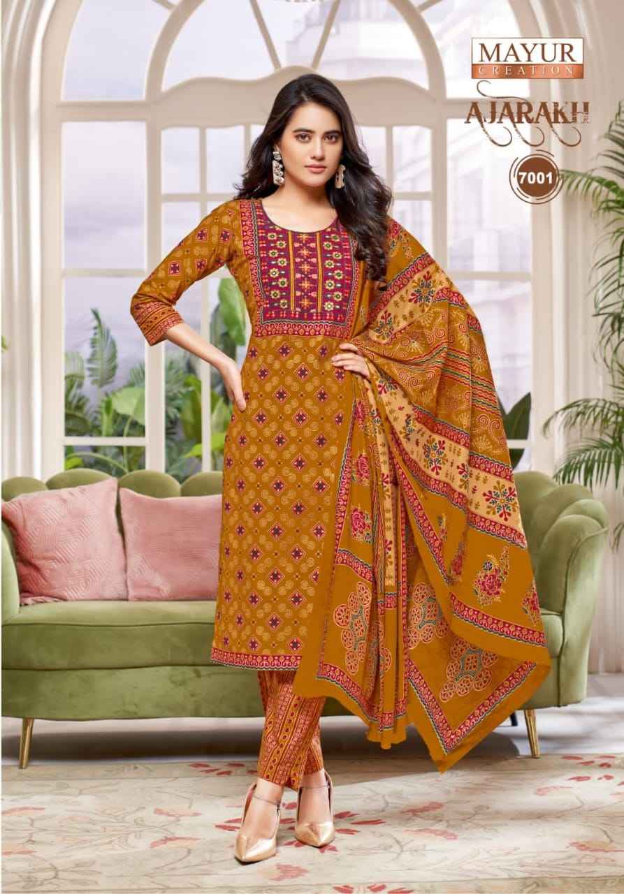 MAYUR AJARAKH VOL-7 PURE COTTON PRINTED WITH NECK EMBROIDERY KURTI PANT WITH DUPATTA AT WHOLESALE PRICE 