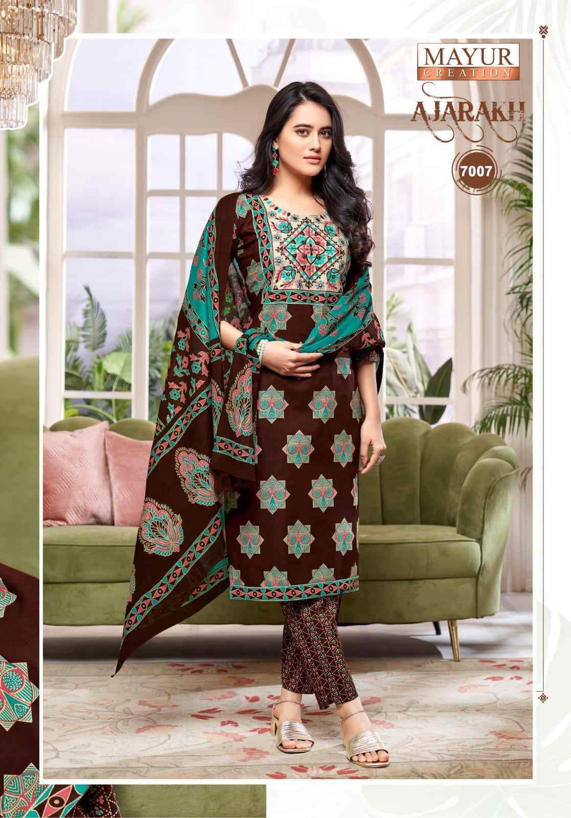 MAYUR AJARAKH VOL-7 PURE COTTON PRINTED WITH NECK EMBROIDERY KURTI PANT WITH DUPATTA AT WHOLESALE PRICE 