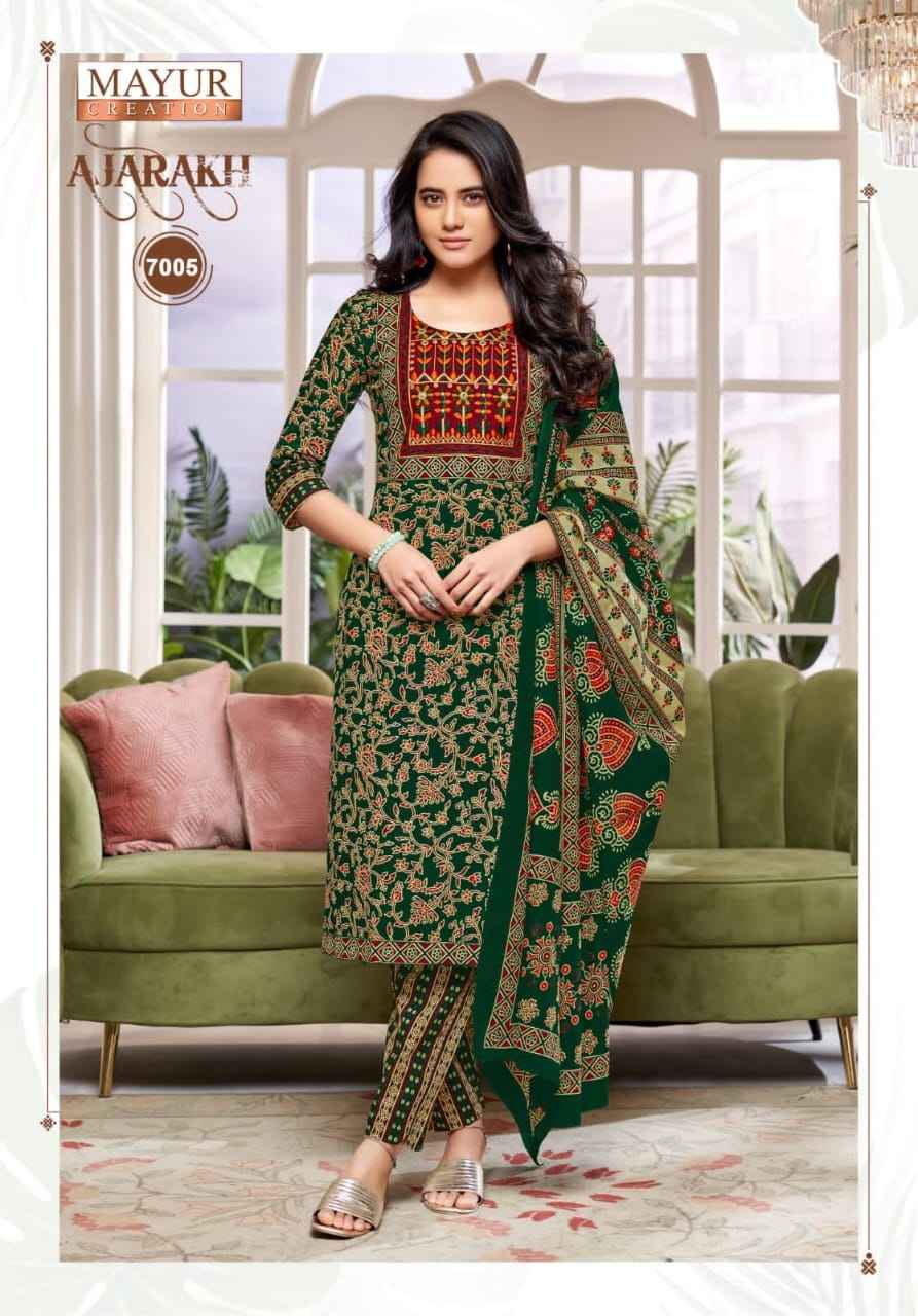 MAYUR AJARAKH VOL-7 PURE COTTON PRINTED WITH NECK EMBROIDERY KURTI PANT WITH DUPATTA AT WHOLESALE PRICE 