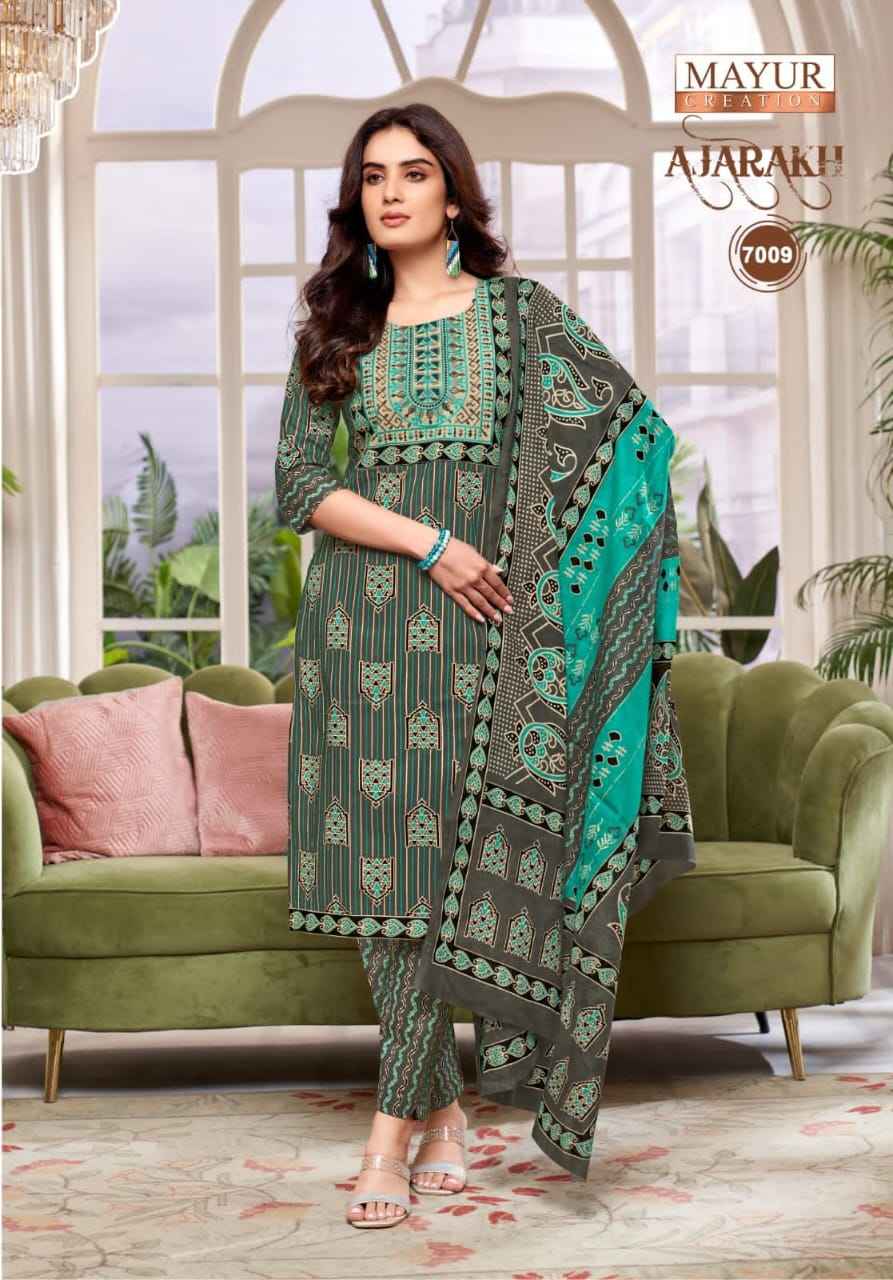 MAYUR AJARAKH VOL-7 PURE COTTON PRINTED WITH NECK EMBROIDERY KURTI PANT WITH DUPATTA AT WHOLESALE PRICE 