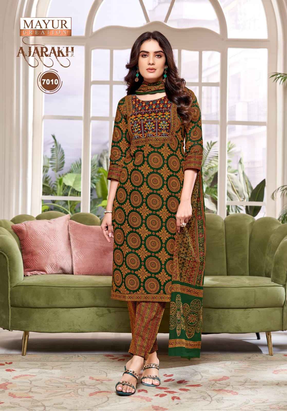 MAYUR AJARAKH VOL-7 PURE COTTON PRINTED WITH NECK EMBROIDERY KURTI PANT WITH DUPATTA AT WHOLESALE PRICE 