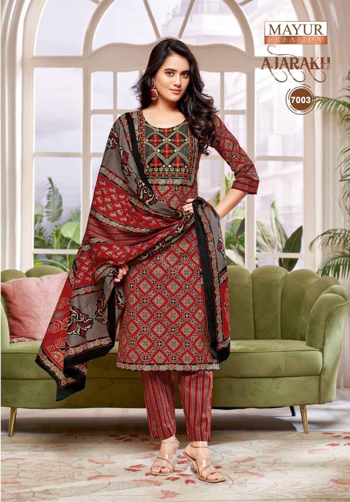MAYUR AJARAKH VOL-7 PURE COTTON PRINTED WITH NECK EMBROIDERY KURTI PANT WITH DUPATTA AT WHOLESALE PRICE 