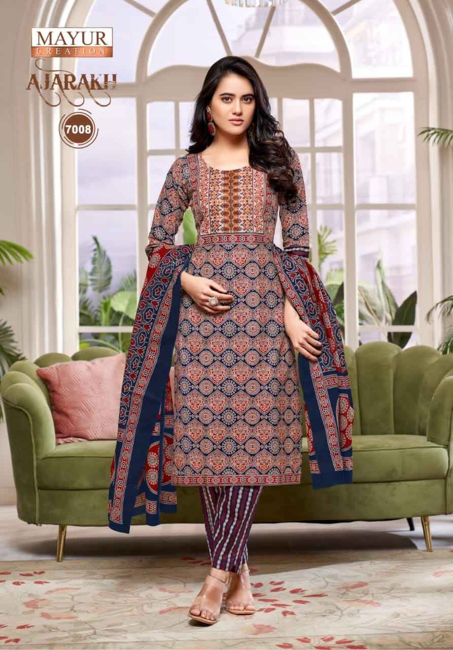 MAYUR AJARAKH VOL-7 PURE COTTON PRINTED WITH NECK EMBROIDERY KURTI PANT WITH DUPATTA AT WHOLESALE PRICE 