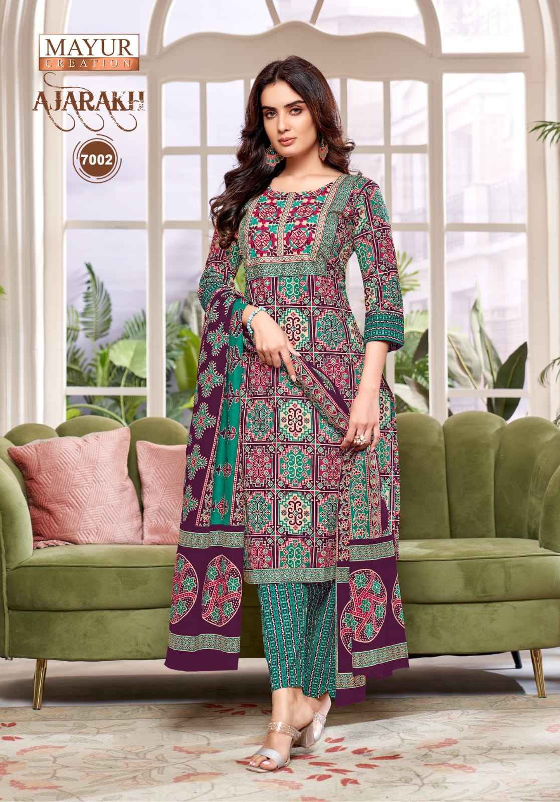 MAYUR AJARAKH VOL-7 PURE COTTON PRINTED WITH NECK EMBROIDERY KURTI PANT WITH DUPATTA AT WHOLESALE PRICE 