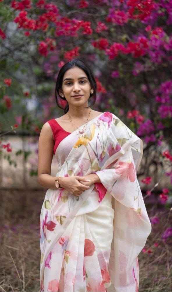 PLAIN LINEN DIGITAL FLOWER PRINTED SAREE AT WHOLESALE PRICE